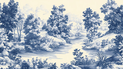 Antique inspired seamless toile de jouy pattern for fabric design. Woven Tales. Illustration