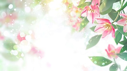 Fototapeta premium bokeh effects blended with pink tulips and green leaves, fresh and radiant, isolated on white background