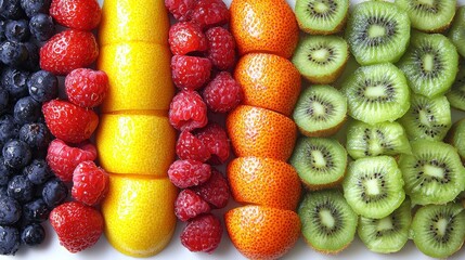 Obraz premium Vibrant Rainbow of Fresh Fruits: A Colorful Delight of Berries, Citrus, and Kiwi