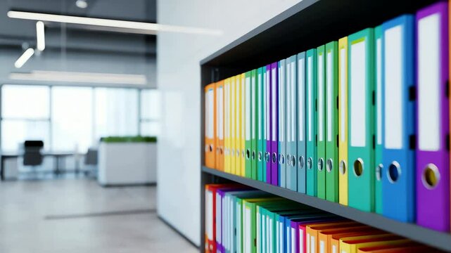 Office shelf with colorful folders in modern workspace. Focus on organization and office supplies