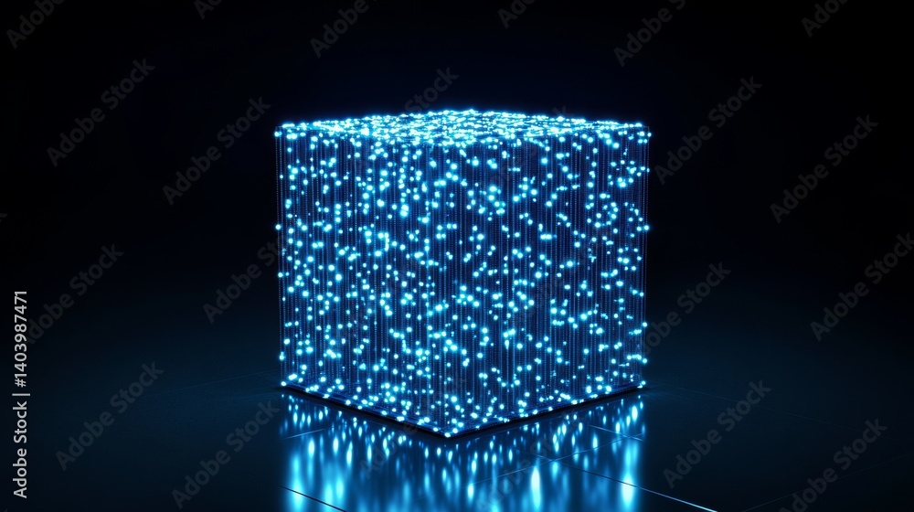 Poster imagine a futuristic cube made of glowing blue pixels, set against a pitchblack background with a gl