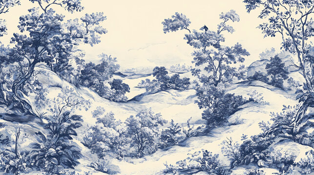 Antique inspired seamless toile de jouy pattern for fabric design. Woven Tales. Illustration