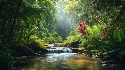 Fototapeta premium Serene tropical rainforest river landscape with lush green vegetation calm moss view water trees