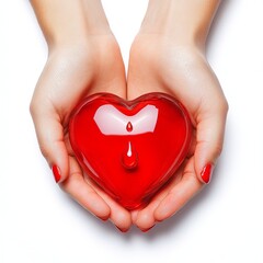 Fototapeta premium Fingers shaped into a heart, encasing a drop of blood in the middle