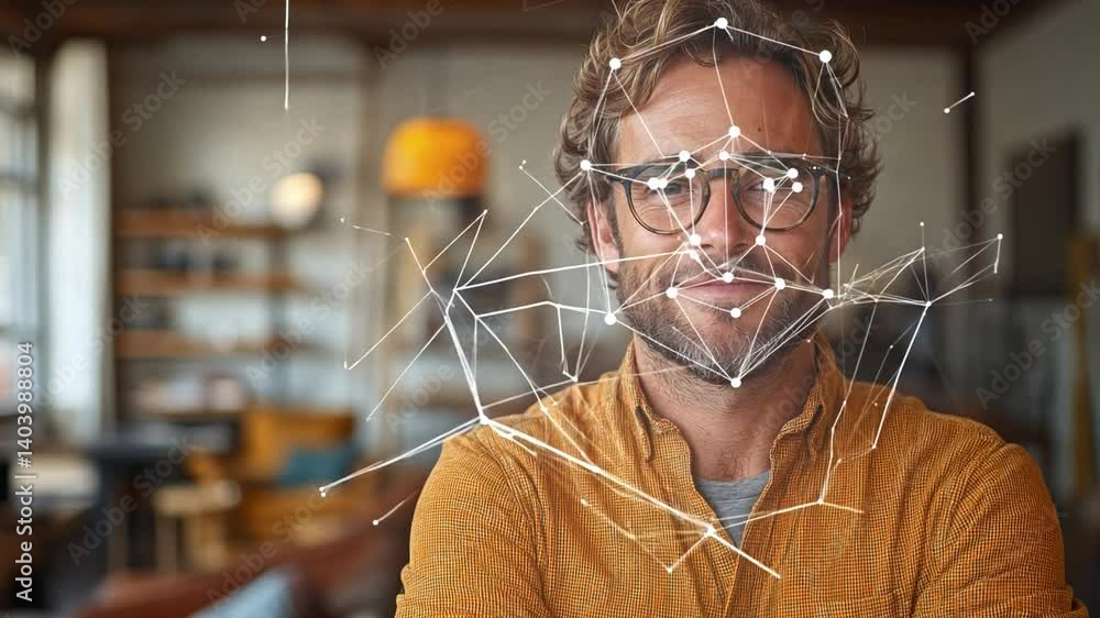 Poster a man with curly hair and glasses smiles confidently as he interacts with facial recognition technol