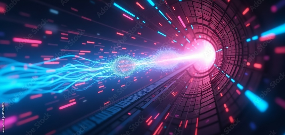 Poster abstract digital data stream flowing through neon tunnel futuristic technology background pink blue 
