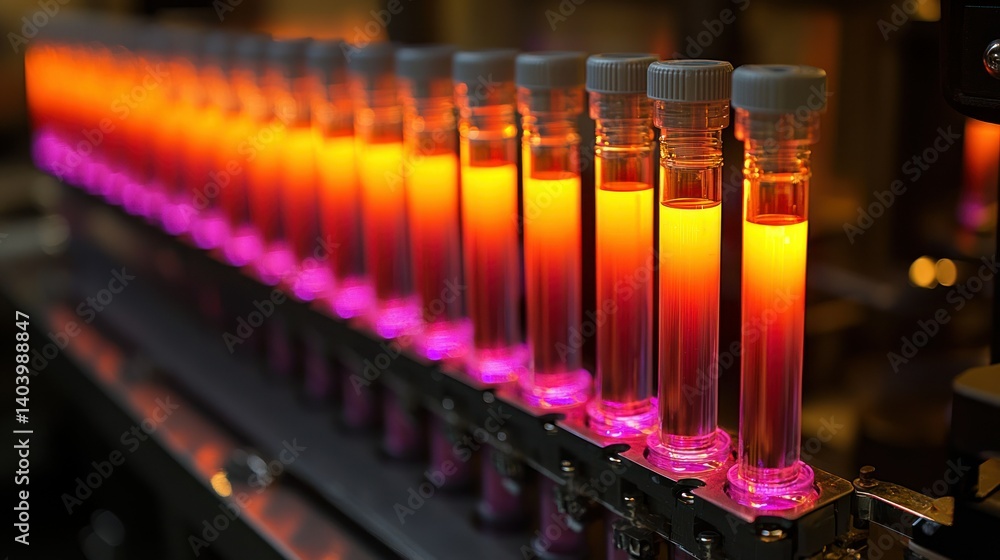 Poster illuminated test tubes in a laboratory setting