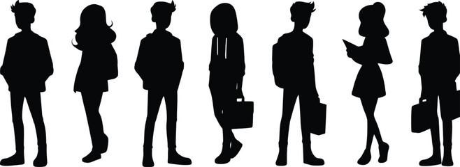 Vector silhouettes of men and a woman, a group of standing and walking business people, black color isolated on white background