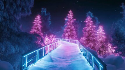 Fototapeta premium Illuminated walkway through a snowy, neon-lit forest at night.