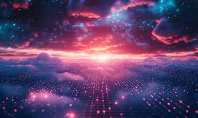 Obraz premium Universe Retro Futuristic 80's Background 4K. Synthwave wireframe net video loop. Abstract digital background. 80s, 90s Retro futurism, Retro wave cyber grid. Deep space surfaces. Pixel retro, Generat