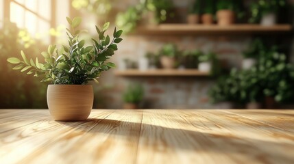 Fototapeta premium Sunlight streams into a room filled with plants, showcasing a wooden table with a small potted plant in the foreground