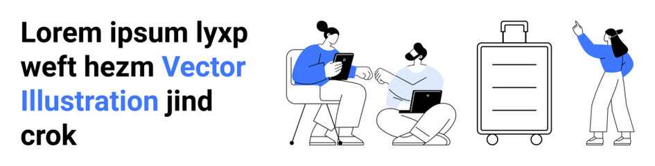 Two individuals collaborating with tablet and laptop seated near a large suitcase another person actively pointing. Ideal for teamwork, technology, travel, education, collaboration, productivity