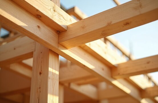 Unfinished wood construction, exposed rafters, beams of house roof. Structural carpentry framing, building process. Joinery elements of construction in progress. Wooden framework of building.