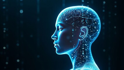 Stunning Digital Art of a Woman's Head Profile Glowing Blue Abstract Technology Futuristic Concept Digital Illustration 3D Render 