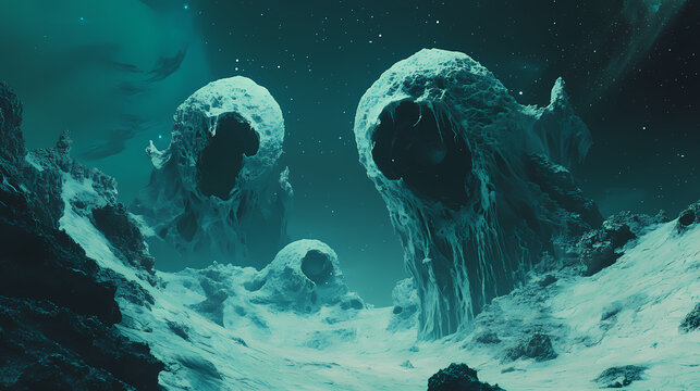 Two distinct and eerie alien beings loom in a cosmic environment, showcasing an imaginative representation of extraterrestrial life and the mysteries of the universe. Surrealist Loom. Illustration