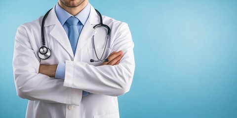 Male doctor in a lab coat and stethoscope, confidently crossing his arms against a vibrant blue background, exuding professionalism and trust