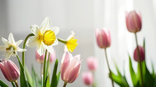 Tulips and daffodil flowers. Soft floral background. 