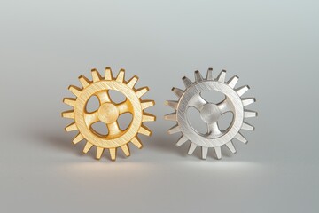 Two metallic gears, one gold and one silver, stand on a gray background, symbolizing collaboration and precise engineering