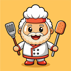 Cartoon Chef Character Holding Spatula And Turner On Yellow Background Illustration