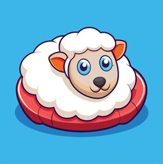 Cartoon Sheep Character On A Red Cushion Against Blue Background Illustration