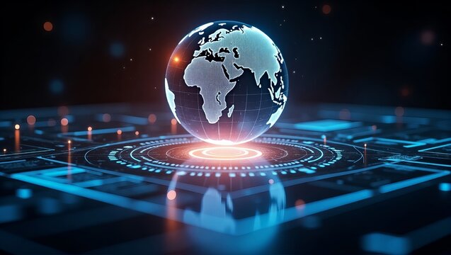 Digital Global Network Futuristic Technology World Map Hologram Interface Modern Abstract Background Digital Globe Innovative      - Powered by Adobe