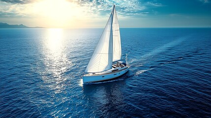 Obraz premium Sailing yacht on open ocean at sunset
