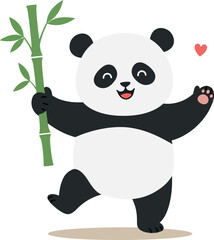 Happy panda holding bamboo stick in a playful pose featuring flat vector art