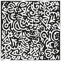 Abstract white line art on a black background, featuring intricate shapes and patterns with a dynamic, flowing design.