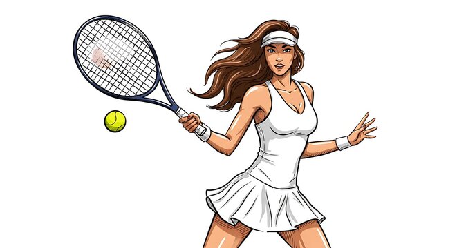 Dynamic tennis player poised for action with racket and ball on white background