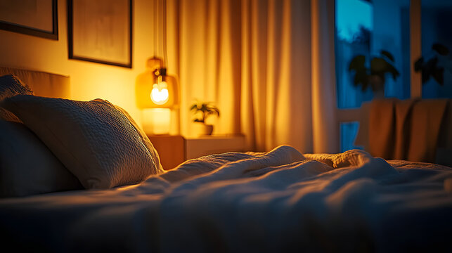 Cozy bedroom at night with warm lighting and soft linens creating a tranquil atmosphere
