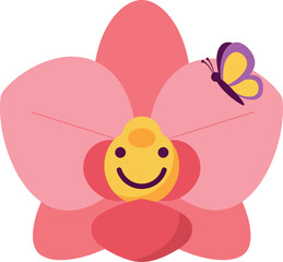 Cheerful pink orchid flower with smiling face and butterfly, flat vector illustration