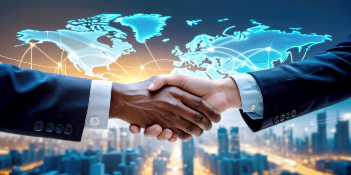 handshake between two individuals formal attire symbolizes global business collaboration, partnership, and agreement. glowing world map background highlights international connections