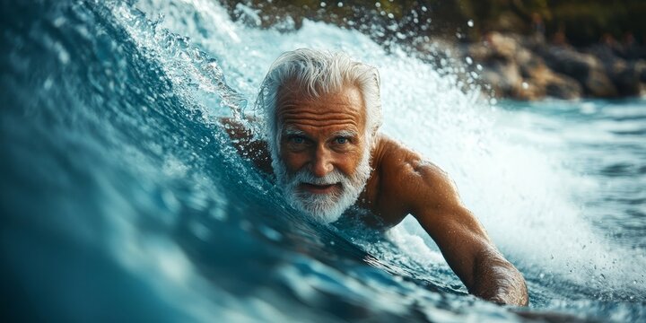 Mature senior adult surfing on a big wave in the ocean, Generative AI