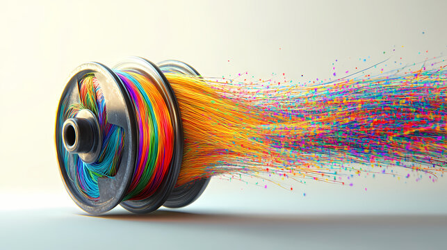A skein of multicolored threads unwinding from a metal reel, metal reel, skein thread. Reality-Warped Threads. Illustration
