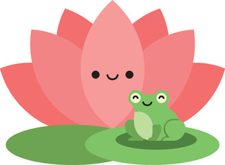 Obraz premium Happy frog sitting beside a cheerful pink lotus flower in a flat vector illustration