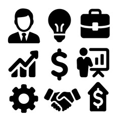 Fototapeta premium Entrepreneur icons Set of black solid business vector icons featuring a businessman, light bulb, briefcase, chart, dollar sign, presentation, gear, handshake, and investment growth symbol on a white
