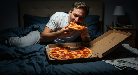 A man enjoying a late-night pizza snack while relaxing in bed in the darkness of the night.