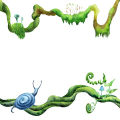 Forest plants frame. Botanical greenery with snails, with green and blue shades. Hand drawn watercolors isolated on transparent background. Biophilic style, ideal for ecological and spiritual topics
