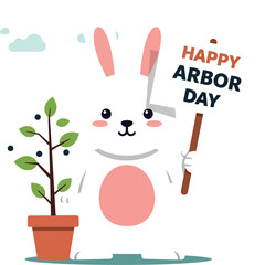 Cute rabbit holding a sign for Arbor Day beside a small potted tree in flat vector art