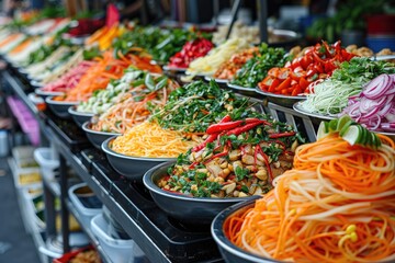 Obraz premium A Vibrant Display of Freshly Chopped Vegetables in Bowls at a Market Stall