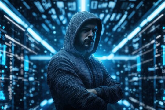 Hacker with hoodie and crossed arms standing in a server room