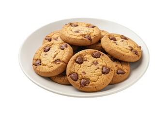 Delicious chocolate chip cookies fresh baked on a plate food isolated on white background