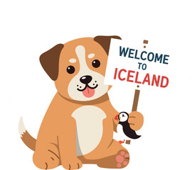Fototapeta premium Cute puppy holding a sign that says Welcome to Iceland in flat vector art