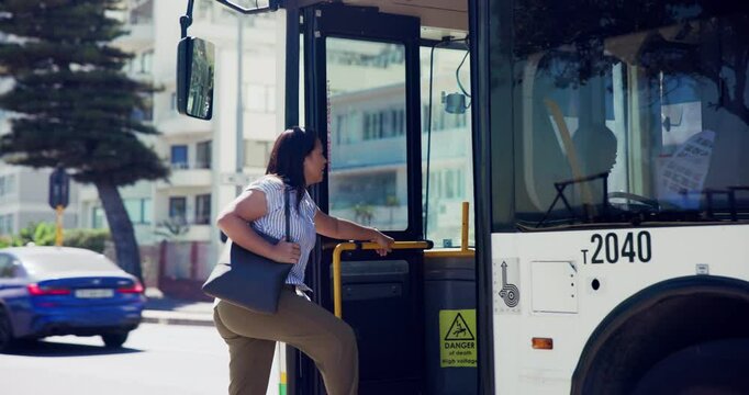 Late, bus and mother with girl, running and stress in city, public transportation and work. Family, outdoor or mom in street with child, commute to school or urban journey with anxiety or frustrated