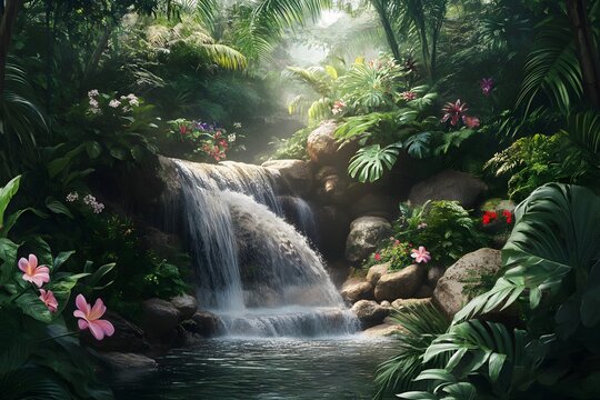 Lush waterfall cascading down rocks surrounded by tropical flowers and plants in a green forest - Powered by Adobe