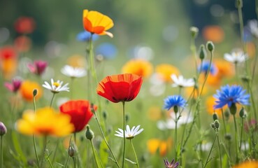 Obraz premium Selective focus on vibrant wildflower meadow. Red poppies yellow blooms among others. Nature scene with colorful flowers, green grass background, sunlit meadow, ideal for print, posters.
