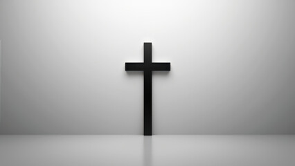 Naklejka premium Cross silhouette with a light beam coming from above, creating an ethereal atmosphere against a gray background.