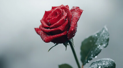 Red rose with water droplets in misty garden