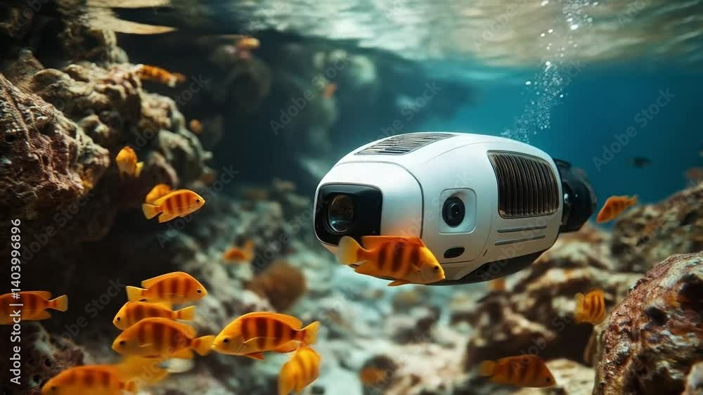 Aufkleber A robotic device is utilized to explore underwater ecosystems, capturing data and images of vibrant marine life. This expedition focuses on understanding habitats at significant ocean depths.