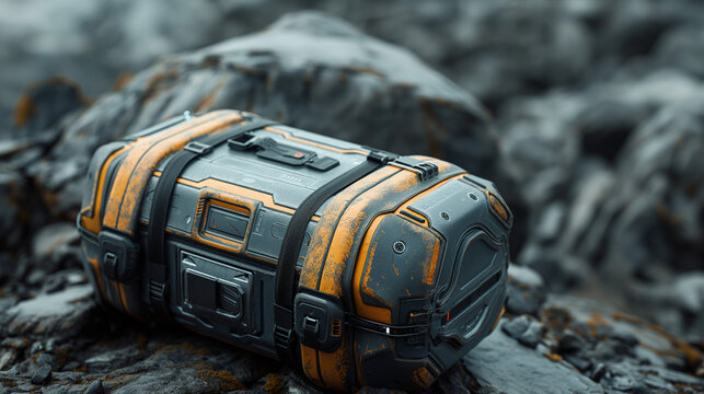 Futuristic survival gear. Sci-fi style container on rugged volcanic terrain. Ideal for concept art, game design, and futuristic adventure storytelling.

